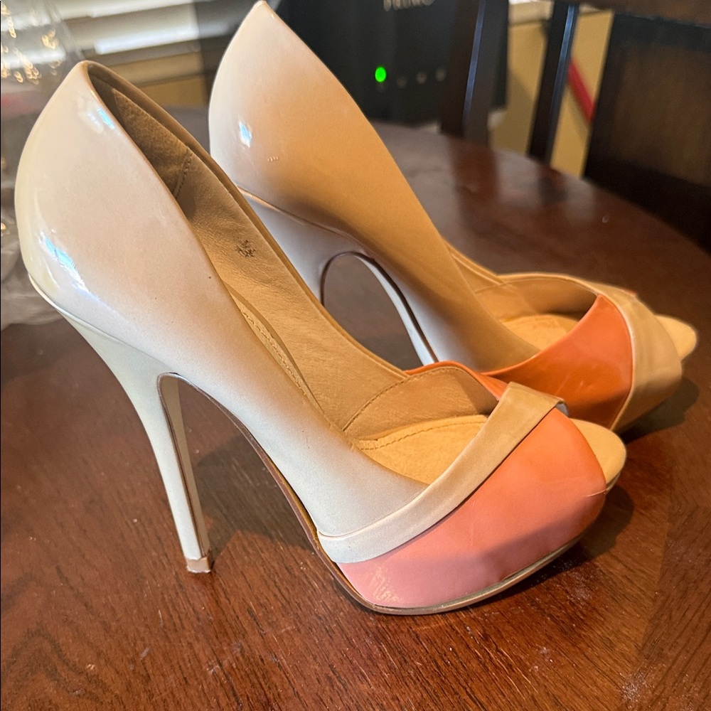 Aldo Beige and Coral Patent Peep-Toe Stilettos - Picture 7 of 7